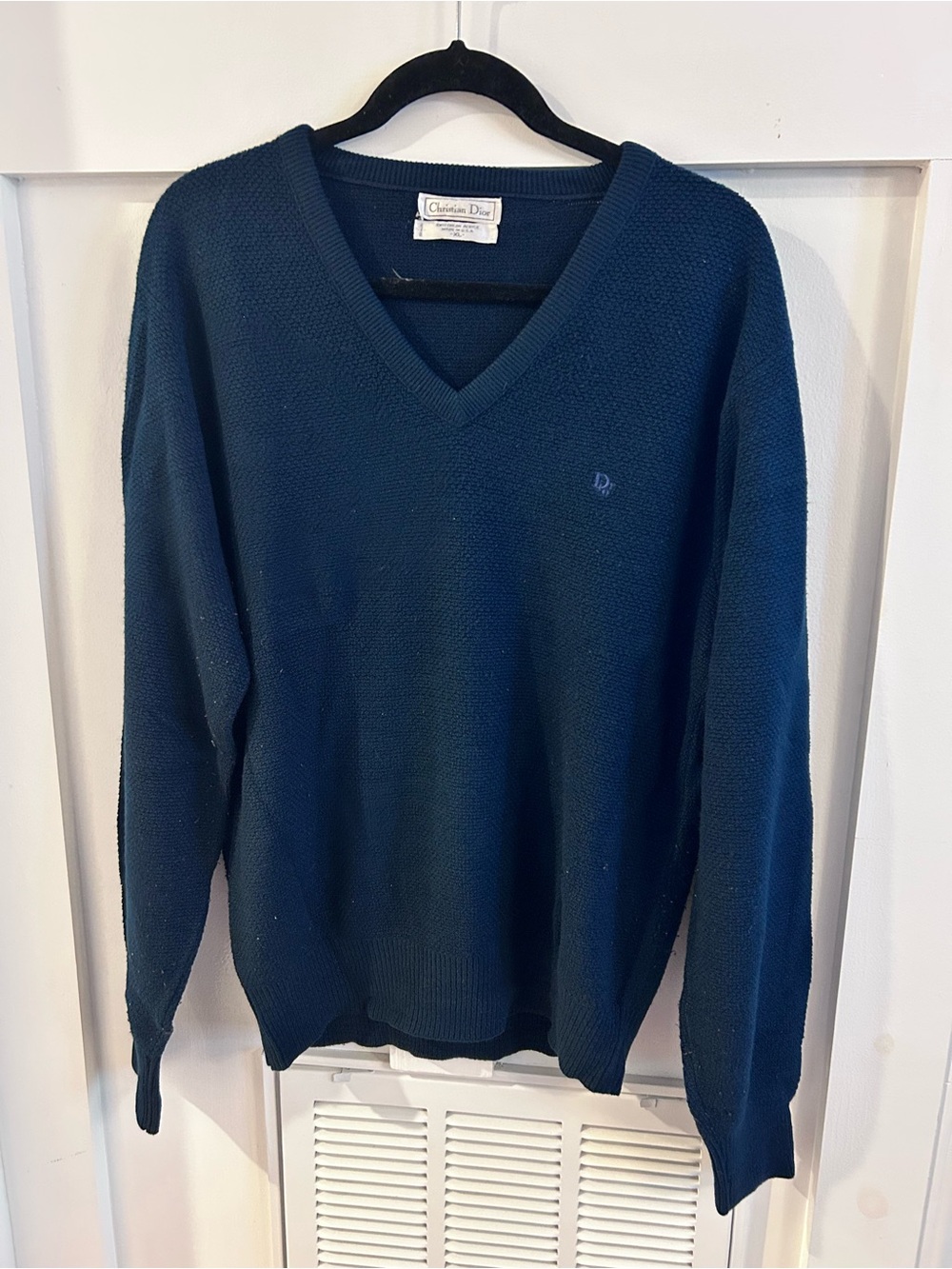 Vintage Christian Dior V-Neck Acrylic Made in USA Navy Knit Sweater